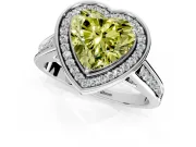 Halo Engagement Ring Setting for Fancy Yellow Heart-Shaped Center with Outer Bezel Rim, Pave Band and Prong Head in White Gold
