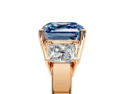 3 Stone Engagement Ring Setting for Fancy Blue Asscher Cut Center with Matching Side Accents and Prong Head in Rose Gold