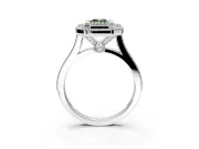 Halo Engagement Ring Setting for Fancy Green Emerald Cut Center with Milgrain Frame, Pave Band and Prong Head in Sterling Silver