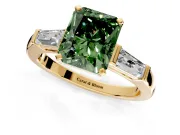 3 Stone Engagement Ring Setting for Fancy Green Radiant Cut Center with Tapered Baguettes, Plain Band and Prong Head in Yellow Gold