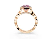 Halo Engagement Ring Setting for Fancy Pink Radiant Cut Center with Twist Band and Prong Head in Rose Gold