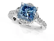 Floral Engagement Ring Setting for Fancy Blue Princess Cut Center with Pave Band and Floral Prong Head in White Gold