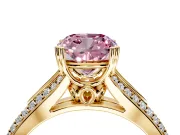 Solitaire Engagement Ring Setting for Fancy Pink Cushion Cut Center with Pave Rail Split Shank and Prong Head in Yellow Gold