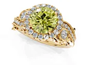 Milgrain Halo Engagement Ring Setting for Fancy Yellow Round Cut Center with Shoulder Bezels and Prong Head in Yellow Gold