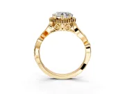 Halo Engagement Ring Setting for Heart-Shaped Center with Leaf Motif Split Shank and Prong Head in Yellow Gold