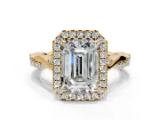 Halo Engagement Ring Setting for Emerald Cut Center with Twist Band and Prong Head in Yellow Gold