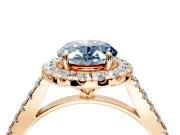 Halo Engagement Ring Setting for Fancy Blue Oval Center with Narrowing Pave Band and Prong Head in Rose Gold