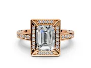 Halo Engagement Ring Setting for Emerald Cut Center with Framed Halo, Pave Band and Prong Head in Rose Gold