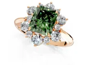 Small-Accent Cluster Halo Engagement Ring Setting for Fancy Green Radiant Cut Center with Plain Band and Prong Head in Rose Gold