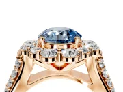 Large Accent Halo Engagement Ring Setting for Fancy Blue Round Cut Center with Pave Split Shank and Prong Head in Rose Gold