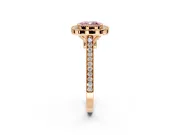 Halo Engagement Ring Setting for Fancy Pink Cushion Cut Center with Milgrain Frame, Pave Band and Prong Head in Rose Gold