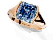Tension Engagement Ring Setting for Fancy Blue Asscher Cut Center with Wide Tapered Band and Tension Head in Rose Gold
