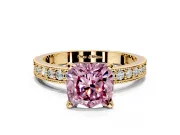 Milgrain Pave Engagement Ring Setting for Fancy Pink Cushion Cut Center with Accent Band and Prong Head in Yellow Gold