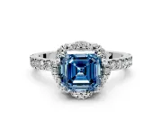 Halo Engagement Ring Setting for Fancy Blue Asscher Cut Center with Openwork Halo, Pave Band and Prong Head in Platinum