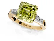 3 Stone Engagement Ring Setting for Fancy Yellow Asscher Cut Center with Tapered Baguettes, Plain Band and Prong Head in Yellow Gold