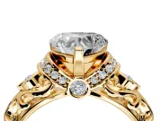 Solitaire Engagement Ring Setting for Heart-Shaped Center with Filigree Band and Prong Head in Yellow Gold