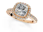 Halo Engagement Ring Setting for Cushion Cut Center with Inner Milgrain Border and Prong Head in Rose Gold