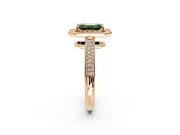 Milgrain Halo Engagement Ring Setting for Fancy Green Emerald Cut Center with Three-Sided Pave Band and Prong Head in Rose Gold
