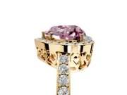 Halo Engagement Ring Setting for Fancy Pink Heart-Shaped Center with Heart-Shaped Openwork, Pave Band and Prong Head in Yellow Gold