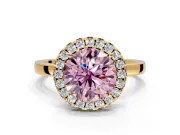 Halo Engagement Ring Setting for Fancy Pink Round Cut Center with Thin Plain Band and Prong Head in Yellow Gold