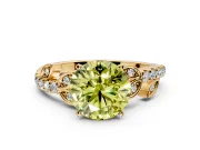 Leaf Motif Engagement Ring Setting for Fancy Yellow Round Cut Center with Pave Band and Prong Head in Yellow Gold