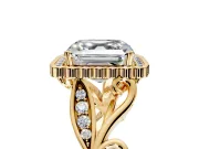Halo Engagement Ring Setting for Asscher Cut Center with Leaf Motif Split Shank and Prong Head in Yellow Gold
