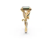 Halo Engagement Ring Setting for Fancy Green Emerald Cut Center with Leaf Motif Split Shank and Prong Head in Yellow Gold