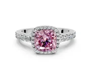 Halo Engagement Ring Setting for Fancy Pink Cushion Cut Center with Full Pave Band and Prong Head in Platinum