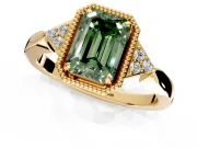 Cluster Engagement Ring Setting for Fancy Green Emerald Cut Center with Milgrain Shoulder Clusters and Prong Head in Yellow Gold