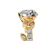 Leaf Motif Engagement Ring Setting for Heart-Shaped Center with Pave Band and Prong Head in Yellow Gold