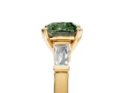 3 Stone Engagement Ring Setting for Fancy Green Cushion Cut Center with Channel Baguette Accents and Prong Head in Yellow Gold