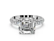 Solitaire Engagement Ring Setting for Asscher Cut Center with Domed Multi-Row Pave Band and Prong Head in Platinum