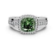 Halo Engagement Ring Setting for Fancy Green Cushion Cut Center with Wide Band, Inlaid Accent Row and Prong Head in Sterling Silver