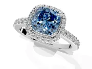 Halo Engagement Ring Setting for Fancy Blue Cushion Cut Center with Inner Milgrain Border and Prong Head in White Gold
