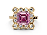 Cluster Halo Engagement Ring Setting for Fancy Pink Asscher Cut Center with Milgrain Bezel Accents and Prong Head in Yellow Gold