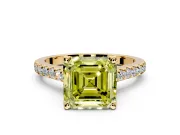 Solitaire Engagement Ring Setting for Fancy Yellow Asscher Cut Center with Widening Pave Band and Claw Prong Head in Yellow Gold