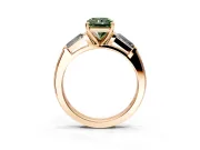 3 Stone Engagement Ring Setting for Fancy Green Radiant Cut Center with Tapered Baguettes, Plain Band and Prong Head in Rose Gold