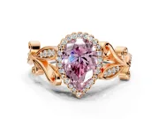 Halo Engagement Ring Setting for Fancy Pink Pear-Shaped Center with Leaf Motif Split Shank and Prong Head in Rose Gold