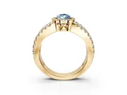 Halo Engagement Ring Setting for Fancy Blue Pear-Shaped Center with Wide-Open Pave Split Shank and Prong Head in Yellow Gold