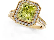 Halo Engagement Ring Setting for Fancy Yellow Radiant Cut Center with Milgrain Pave Band and Bezel Head in Yellow Gold