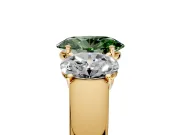 3 Stone Engagement Ring Setting for Fancy Green Oval Center with Raised Basket Heads and Prong Head in Yellow Gold