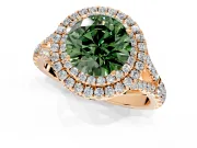 Double Halo Engagement Ring Setting for Fancy Green Round Cut Center with Narrow Pave Split Shank and Prong Head in Rose Gold