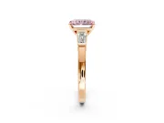 3 Stone Engagement Ring Setting for Fancy Pink Radiant Cut Center with Channel Baguette Accents and Prong Head in Rose Gold