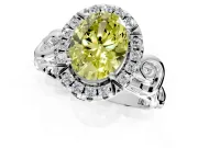 Halo Engagement Ring Setting for Fancy Yellow Oval Center with Open Scroll Shoulders and Prong Head in White Gold