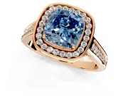 Halo Engagement Ring Setting for Fancy Blue Cushion Cut Center with Outer Bezel Rim, Pave Band and Prong Head in Rose Gold