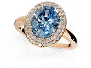 Halo Engagement Ring Setting for Fancy Blue Oval Center with Plain Tapered Band and Prong Head in Rose Gold
