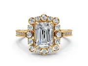 Milgrain Halo Engagement Ring Setting for Emerald Cut Center with Bezel Point Accents and Prong Head in Yellow Gold