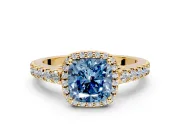 Halo Engagement Ring Setting for Fancy Blue Cushion Cut Center with Full Pave Band and Prong Head in Yellow Gold
