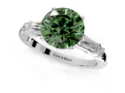 Bar-Set Engagement Ring Setting for Fancy Green Round Cut Center with Tapered Baguette Accents and Prong Head in White Gold
