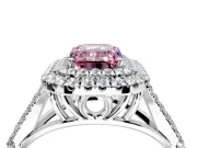 Double Halo Engagement Ring Setting for Fancy Pink Emerald Cut Center with Narrow Pave Split Shank and Prong Head in Platinum